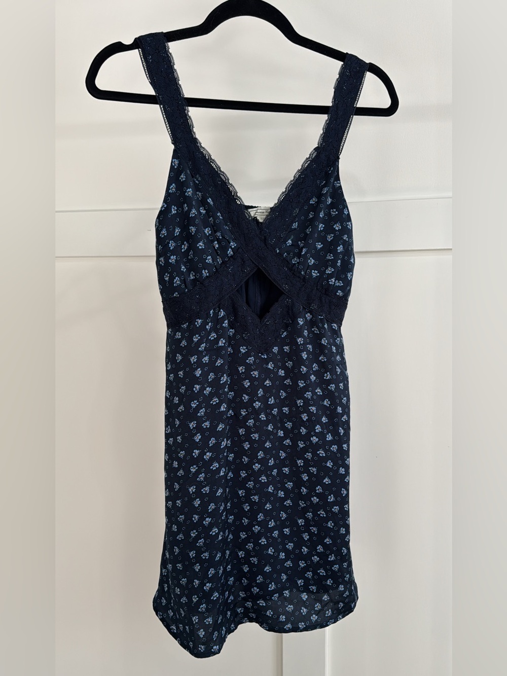 American Eagle Y2K Vibe Satin Floral Lace Trim Cutout Mini Dress